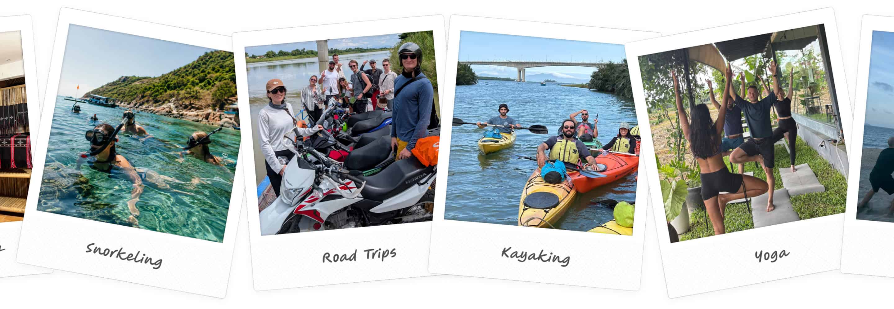 Examples of member activities including snorkeling, road trips, kayaking, and yoga